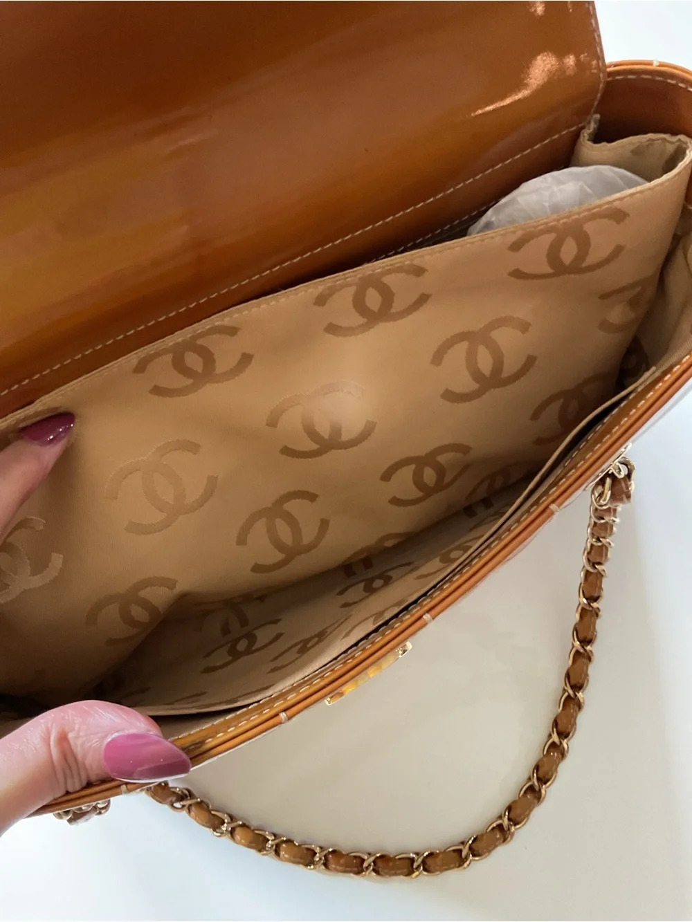CHANEL Quilted Patent Leather Shoulder Bag